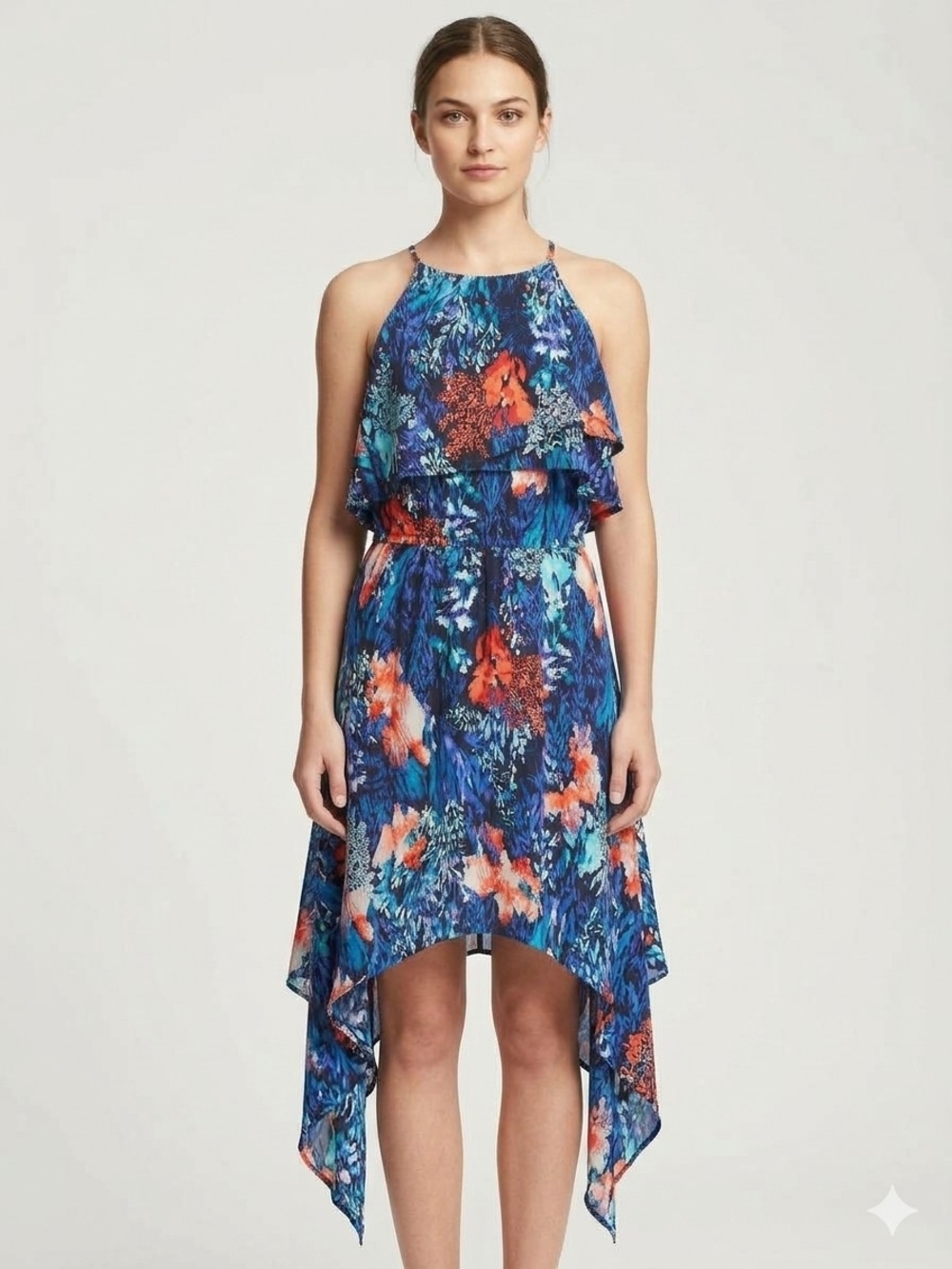 Old Navy Blue Floral Halter Handkerchief-Hem Dress with Coral Accents Size 8
